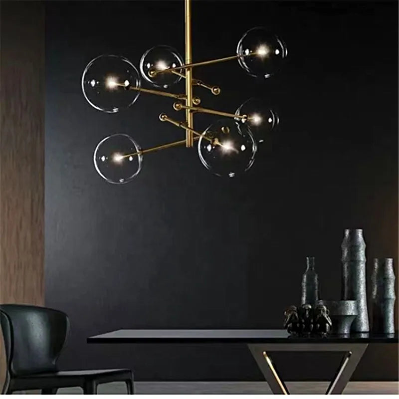 Black Gold Brass Chandelier with Clear Glass Art - Vintage Geometric Lighting