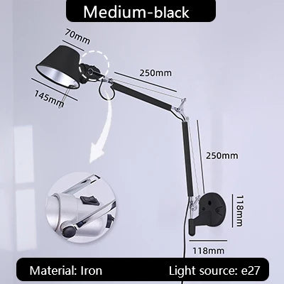 Industrial Black Silver Swing Arm Wall Lamp - Rotatable Miniature Table Lamp E27