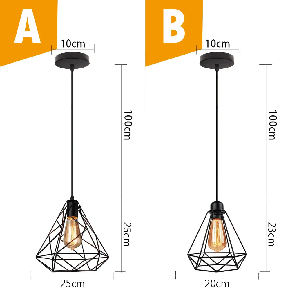 Black Metal Cage Pendant Light - Vintage Industrial Loft Kitchen Lighting