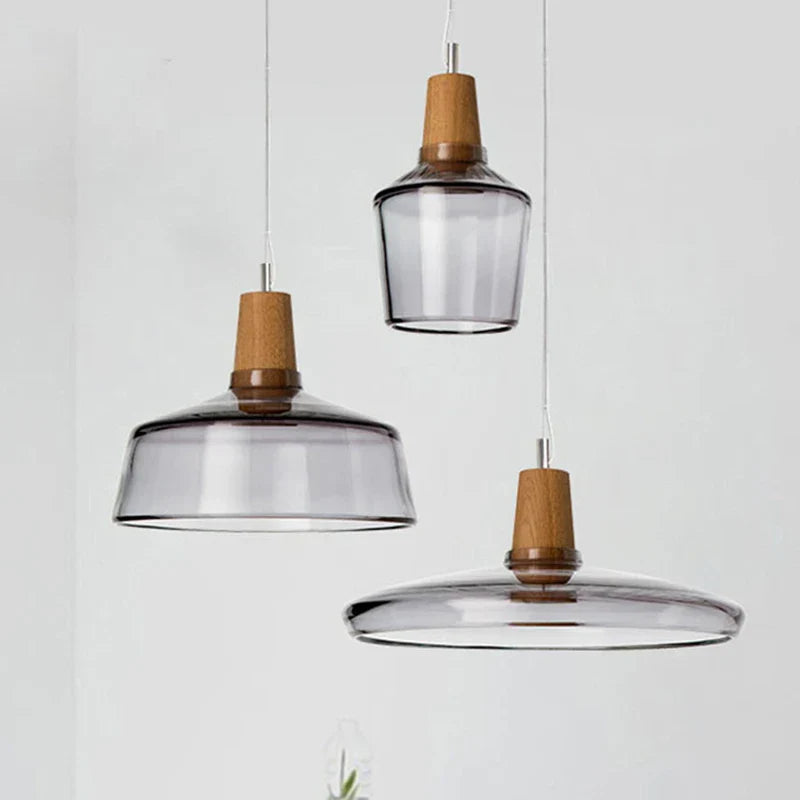 Glass & Wood Pendant Light: Modern Nordic Hanging Lamp for Bar, Table, Dining - Gray Retro Decor