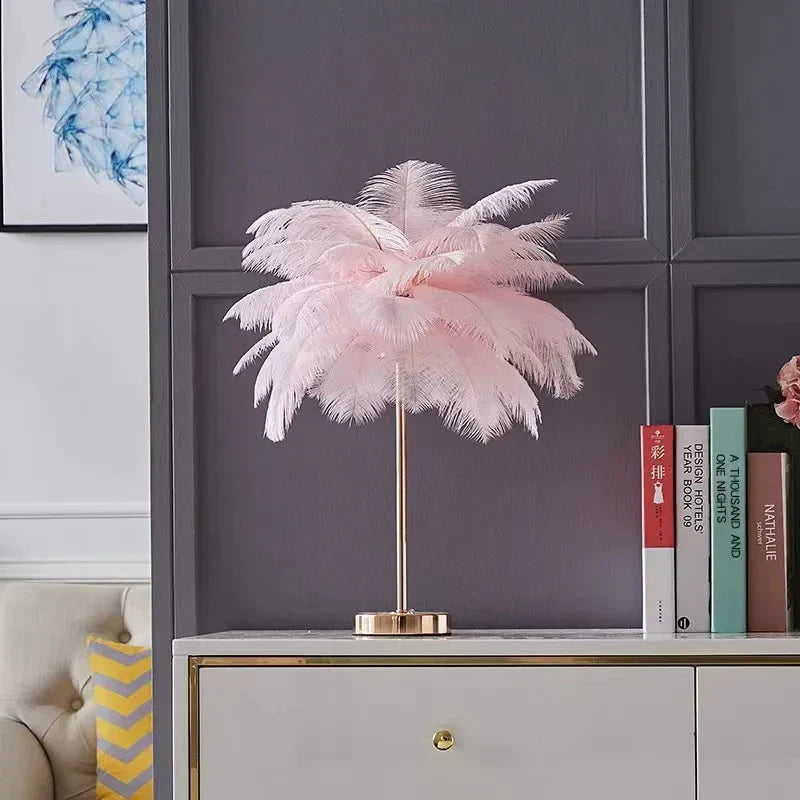 Nordic Feather Tree Lamp: Pink White Ostrich Feather Bedside Table Lamps