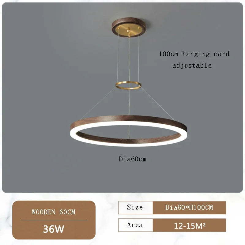 Minimalist Wood Grain Chandelier: Creative Round Hanging Light Fixture for Living Room