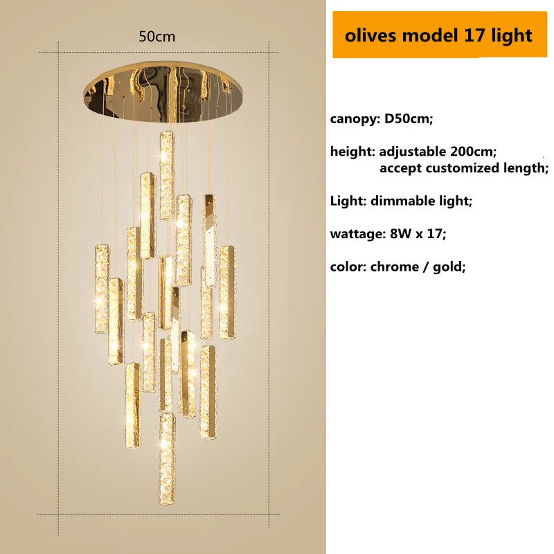 Gold Chrome Steel Crystal Pendant Lights with Dimmable LED for Villa Stair