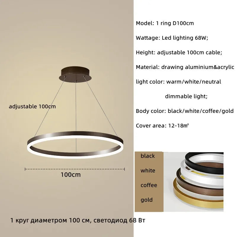 Modern LED Dimmable Chandelier Suspend Lighting, Aluminium Circle Ring Pendant Lights