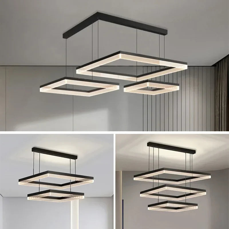 Nordic Black Square LED Chandelier: Dimmable Modern Lighting for Living Room, Bedroom