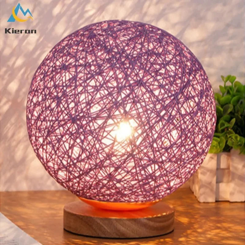 Rattan Ball Solid Wood LED Table Lamp for Living Room and Bedroom