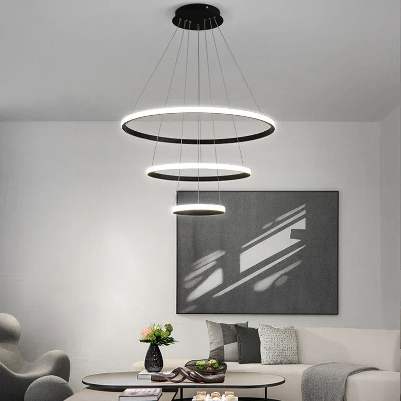 Modern Black LED Rings Circle Ceiling Pendant Chandelier for Living Room