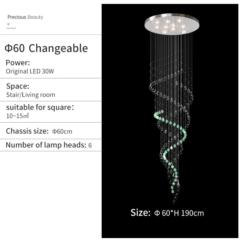 Crystal Chandelier for High Ceilings Living Room - Modern Luxury Spiral Stair Pendant Lamp