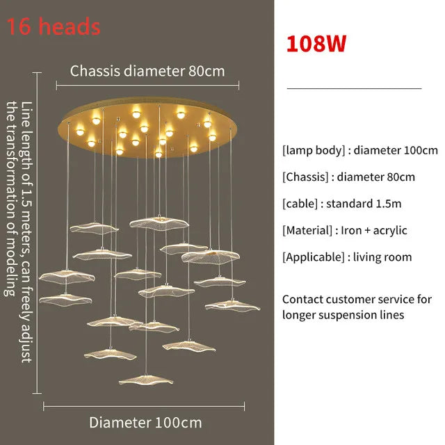 Lotus Leaf LED Pendant Chandelier for Staircase & Living Room Beauty
