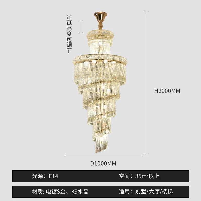 Crystal Spiral Staircase Chandelier for High-end Sales Office Hall Lighting
