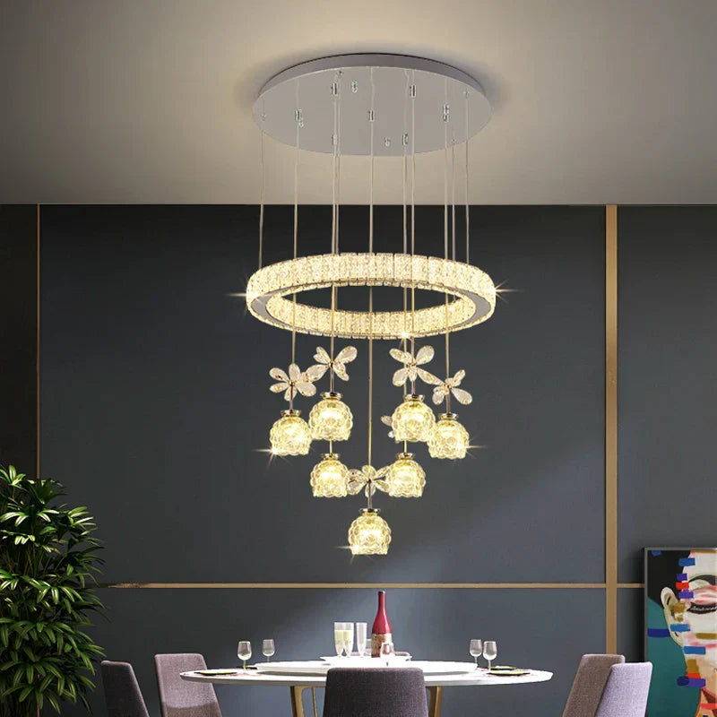 Crystal Petal Ceiling Chandelier: Modern Round Chrome Hanging Light for Home Decor