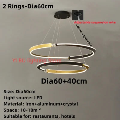 Black Gold LED Ceiling Chandelier Crystal Decorative Pendant Lamp for Dining Room Bedroom