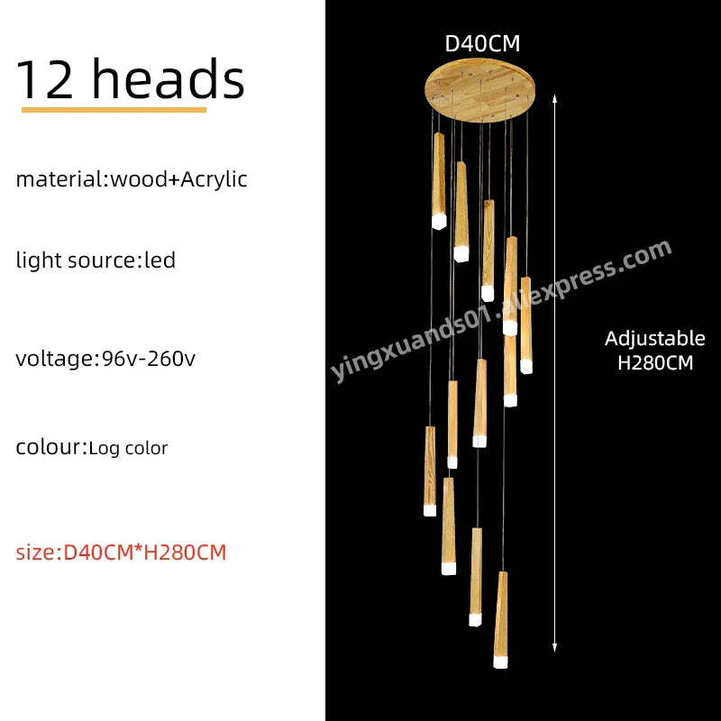 Wooden Chandelier: Modern LED Staircase Hanging Light