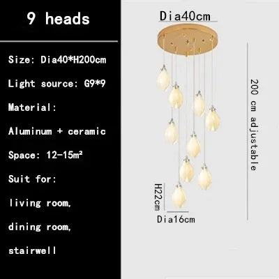 Magnolia Ceramic LED Chandelier for Duplex Living Room and Dining Room