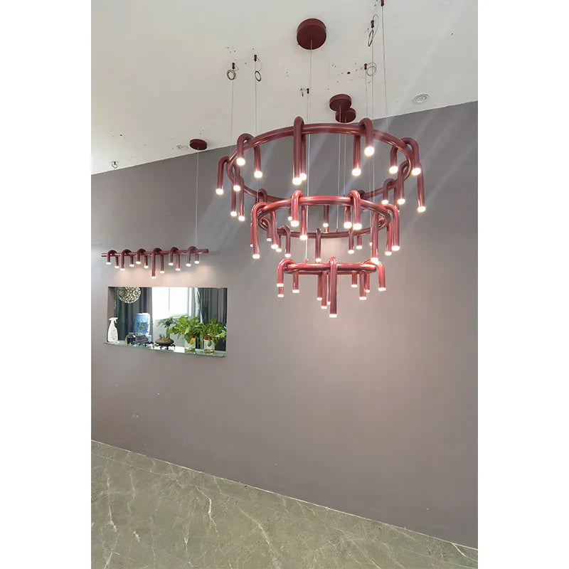 Red U-Shaped Chandelier: Modern Nordic Living Room Bedroom Lighting Fixtures