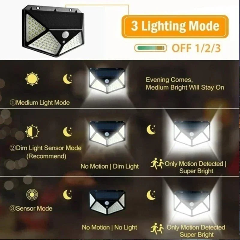 100 LED Solar Wall Lights: Motion Sensor Outdoor Solar Lamp for Garden