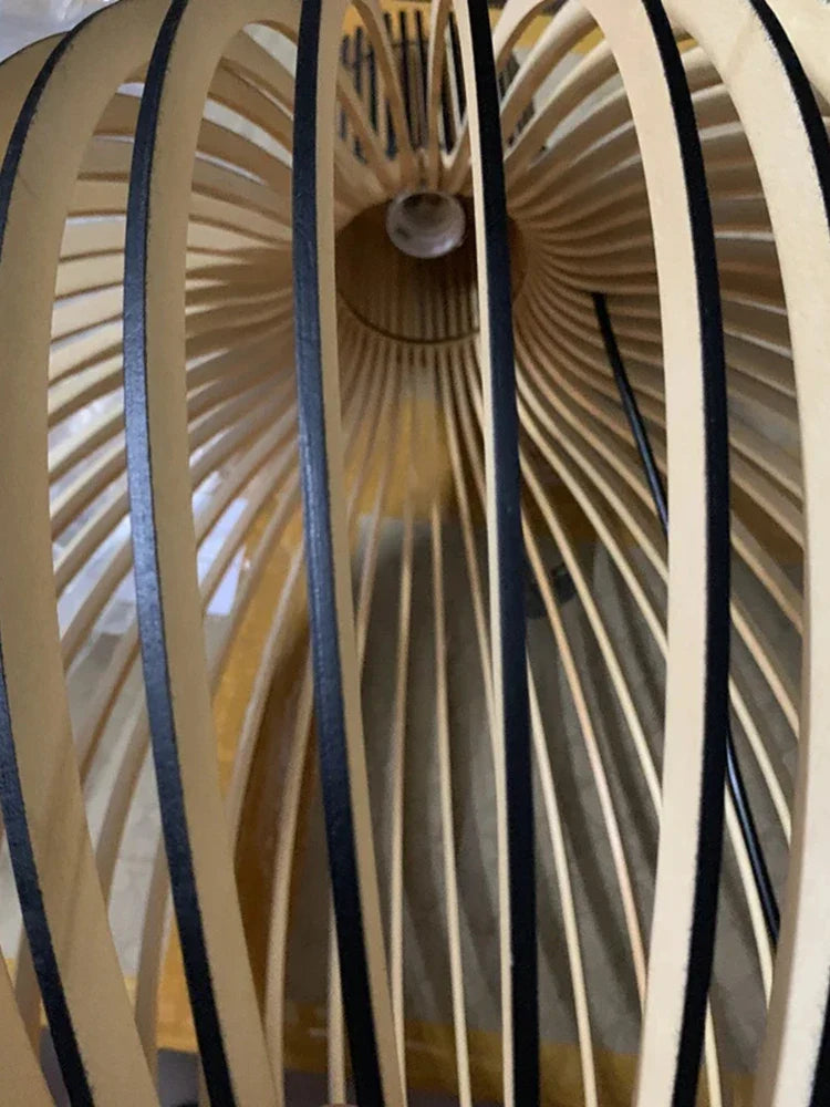 Black White Wood Cage Pendant Light for Living Room