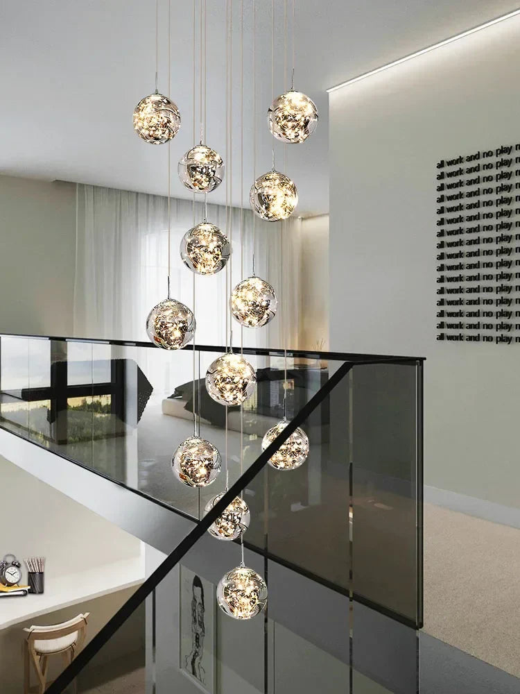 Gold LED Glass Chandelier: Minimalist Round Ball Staircase Lighting Fixtures