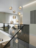 Gold LED Glass Chandelier: Minimalist Round Ball Staircase Lighting Fixtures