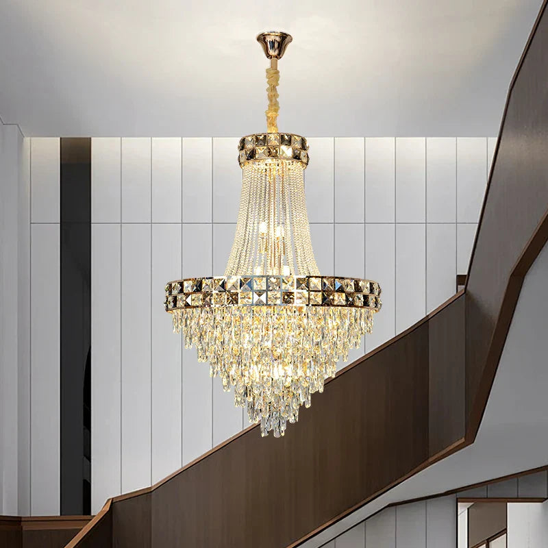 Smart Dimming Crystal Chandelier for Luxury Villa Living Room, High-end Duplex Building Atmosphere