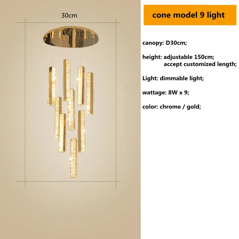 Gold Chrome Steel Crystal Pendant Lights with Dimmable LED for Villa Stair