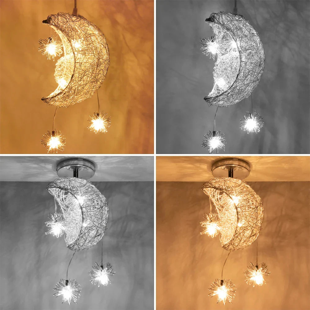 Moon Star Pendant Light Chandelier LED Fixture for Kid Bedroom & Christmas Decor