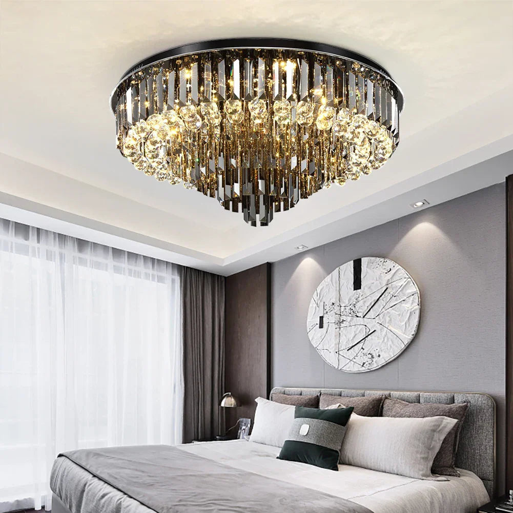 Smoky Gray Crystal Ceiling Chandelier: Modern LED Lighting Fixture for Living Room
