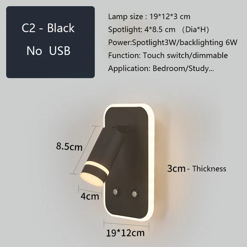 LED Wall Sconce Lamp Touch Switch USB Bedside Reading Light Tri-color Diammable