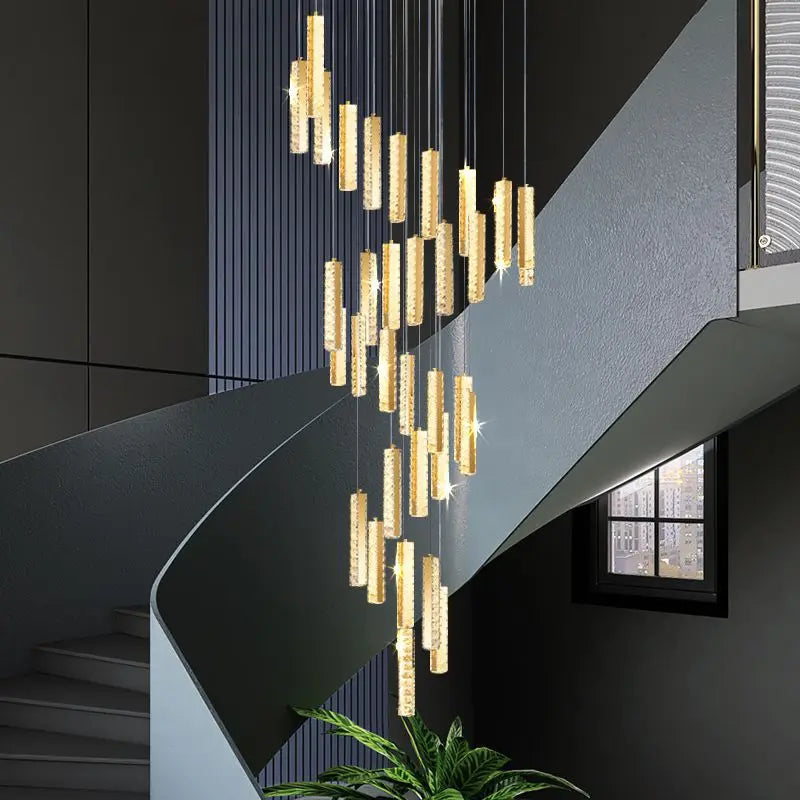 Luxury Crystal LED Chandelier for Modern Living Room and Spiral Staircase