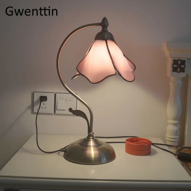 Mediterranean Tiffany Stained Glass Table Lamp LED Living Room Bedroom Vintage Fixtures