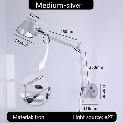 Industrial Black Silver Swing Arm Wall Lamp - Rotatable Miniature Table Lamp E27