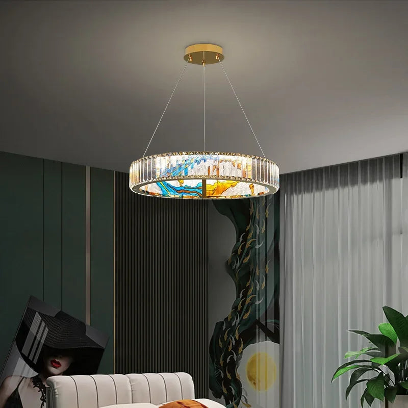 Luxury Enamel Chandelier Crystal Glass Pendant Light with LED Ring for Villa Decor