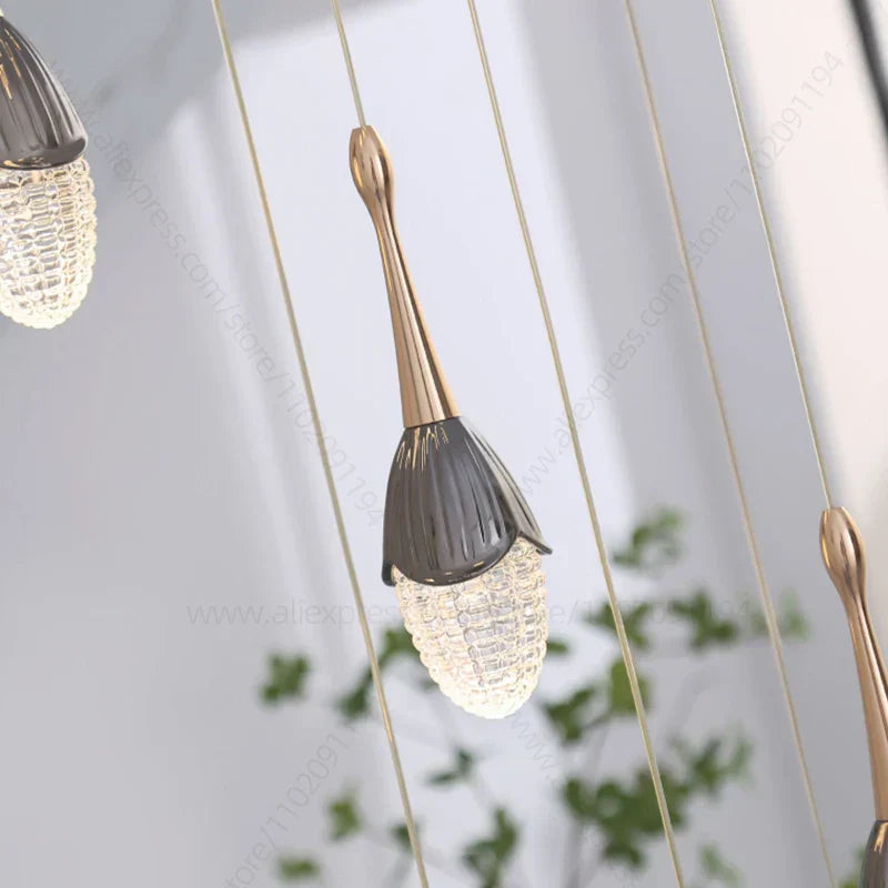 Gold LED Staircase Chandelier: Elegant Luxury Large Pendant Lamp for Living Room