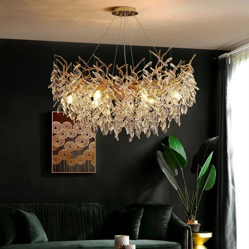 Crystal Branch Chandelier LED Pendant Lamps Elegant Villa Living Room Gold Decor