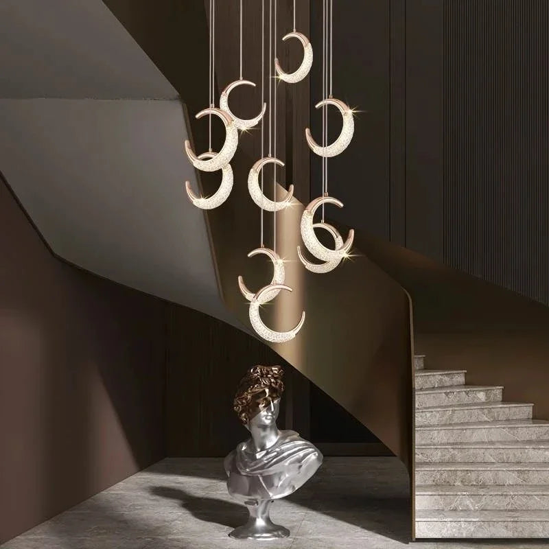 Moon Design Acrylic LED Chandelier: Modern Staircase Pendant Light for Living and Dining Room
