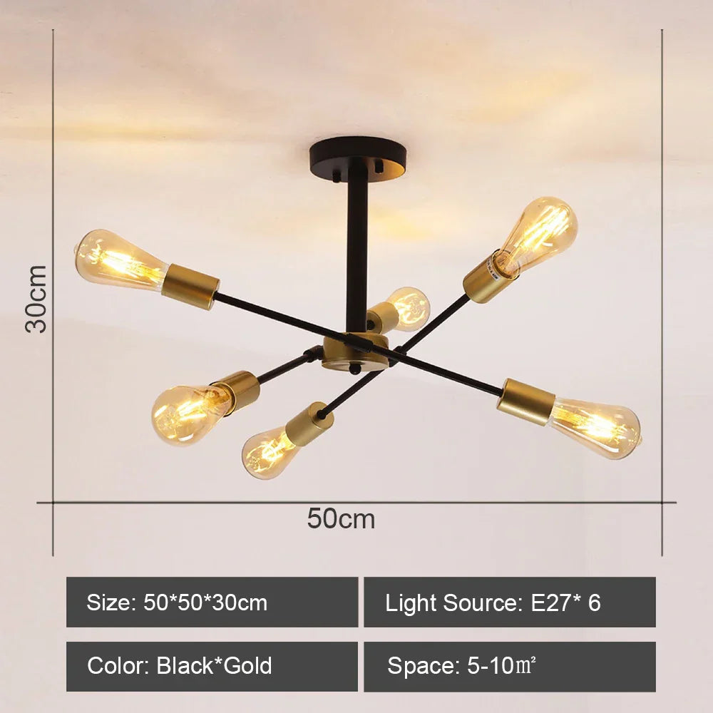 Vintage Industrial Rod Iron Ceiling Chandelier for Living Room Lighting