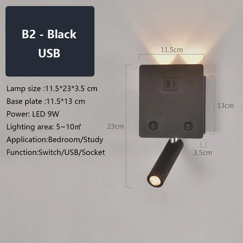 Rotatable LED Wall Sconce Lamp with USB Port & Socket for Bedrooms, Restaurants - White/Black