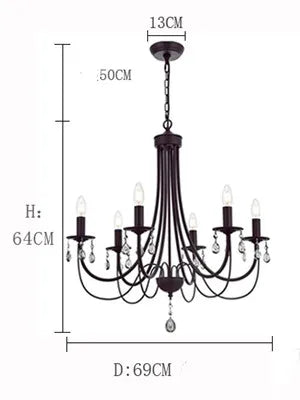 Black Iron Chandelier with Crystal Pendant for Home Lighting