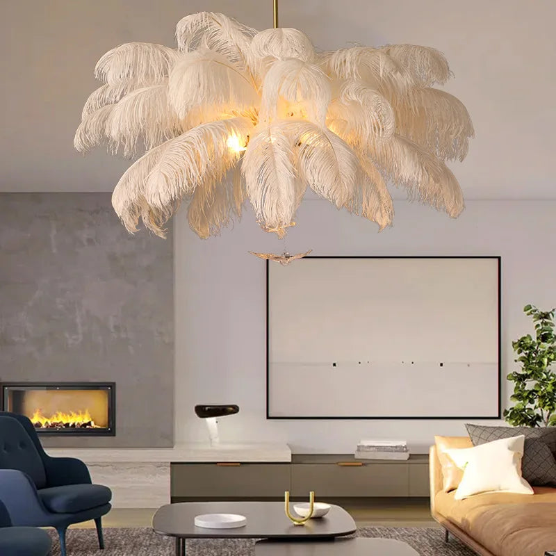 Ostrich Feather Gold Chandelier Lighting: Nordic Style Rod Hanging LED Chandelier for Living Room