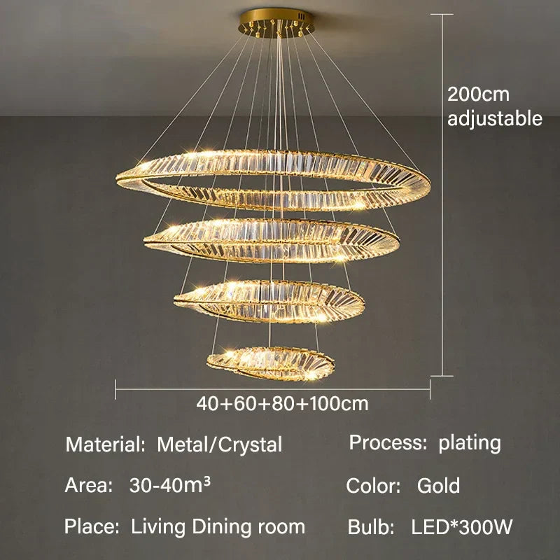 Luxury Gold LED Crystal Pendant Chandelier for Living & Dining Room Lighting