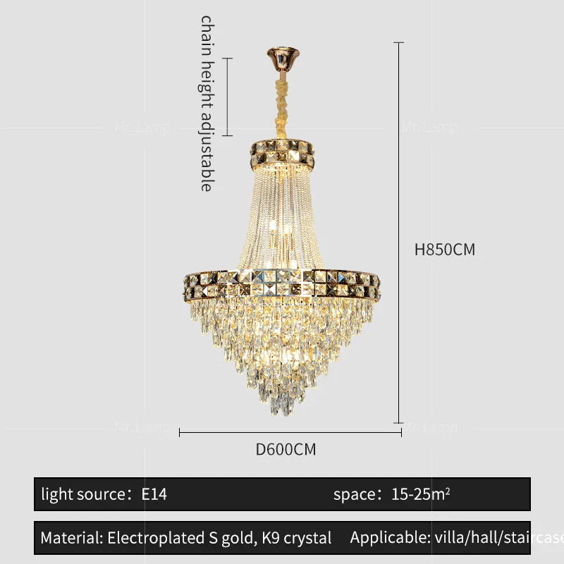 Smart Dimming Crystal Chandelier for Luxury Villa Living Room, High-end Duplex Building Atmosphere
