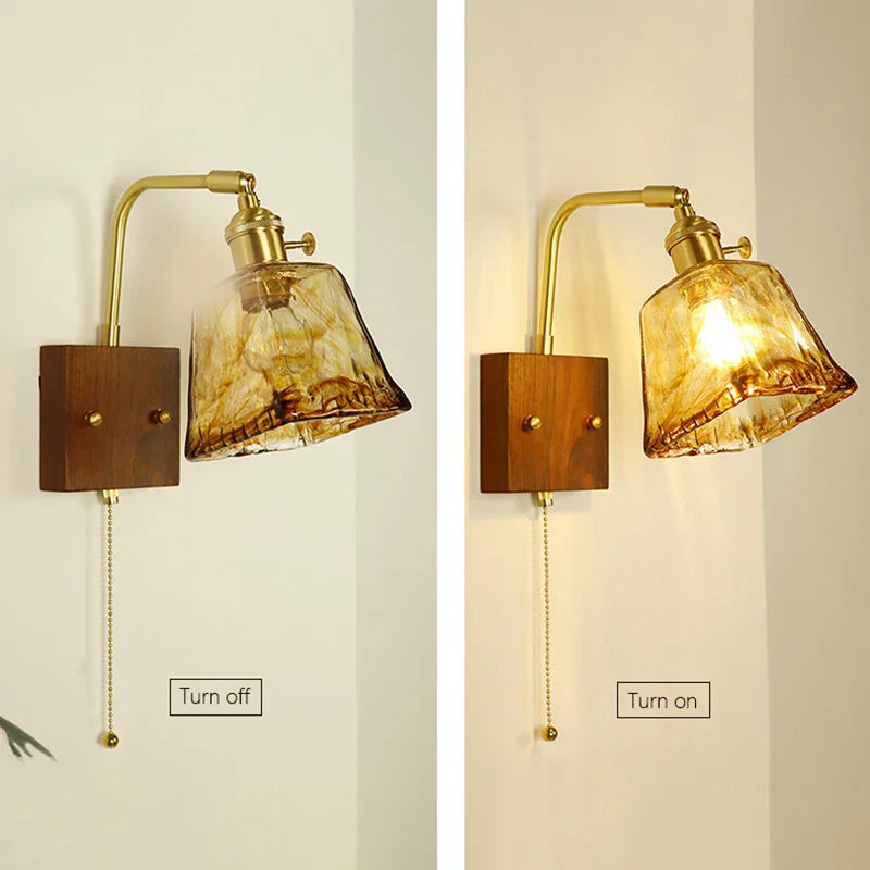 Wooden Brass Glass Wall Lamp Modern Bedroom Bedside Light
