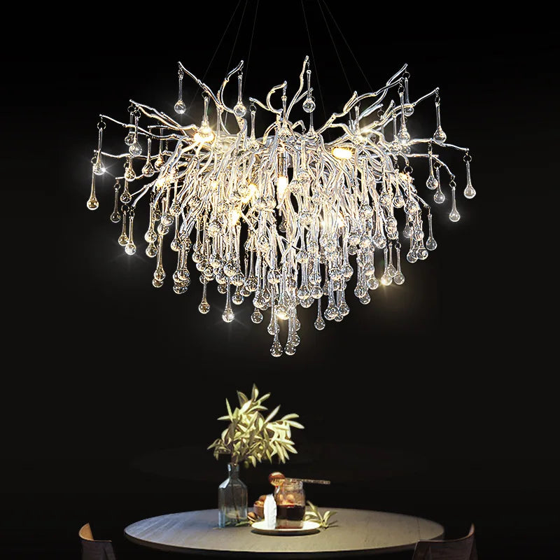 Crystal Water Drop Branch Chandelier: Luxury LED Lighting for Hall, Living Room, or Bar
