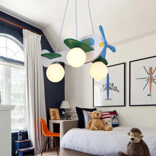 Wooden Airplane Chandelier for Boy's Room & Kindergarten - Creative & Modern Cartoon Lights