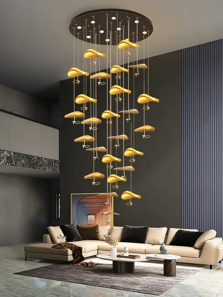 Modern Copper Lotus LED Chandelier for Duplex Living Room - Luxury Indoor Lighting Fixtures