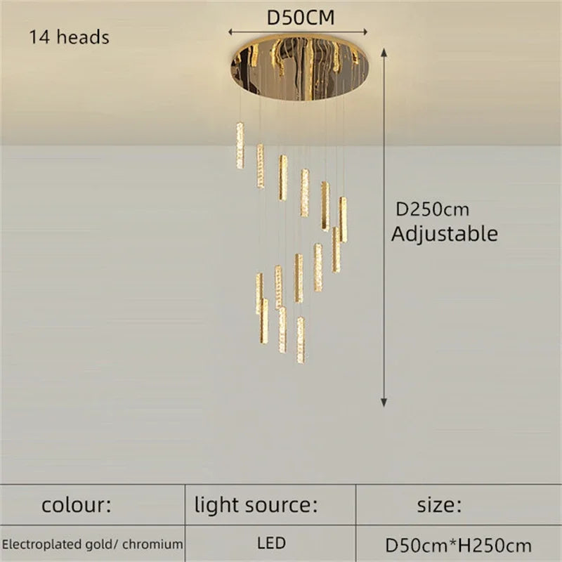 Luxury Crystal LED Chandelier for Modern Living Room and Spiral Staircase