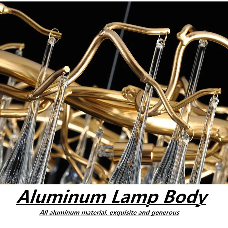 Elegant Gold Metal Branch Chandelier with Glass Water Drop Crystals