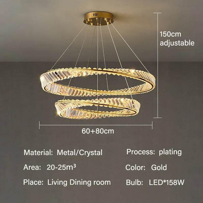 Luxury Gold LED Crystal Pendant Chandelier for Living & Dining Room Lighting