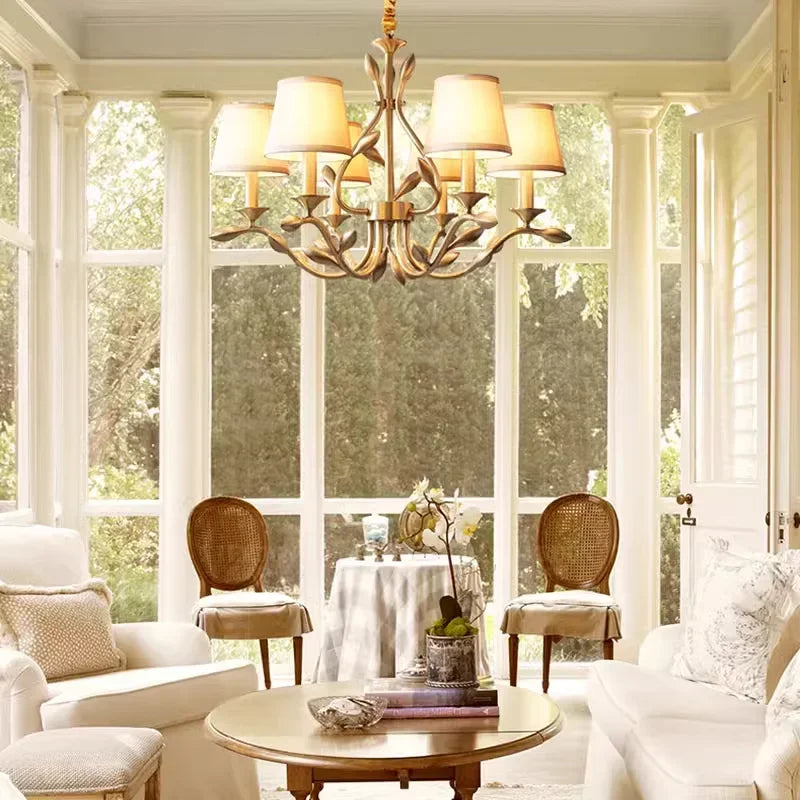 Gold Copper Chandelier with Fabric Shades & LED Lighting