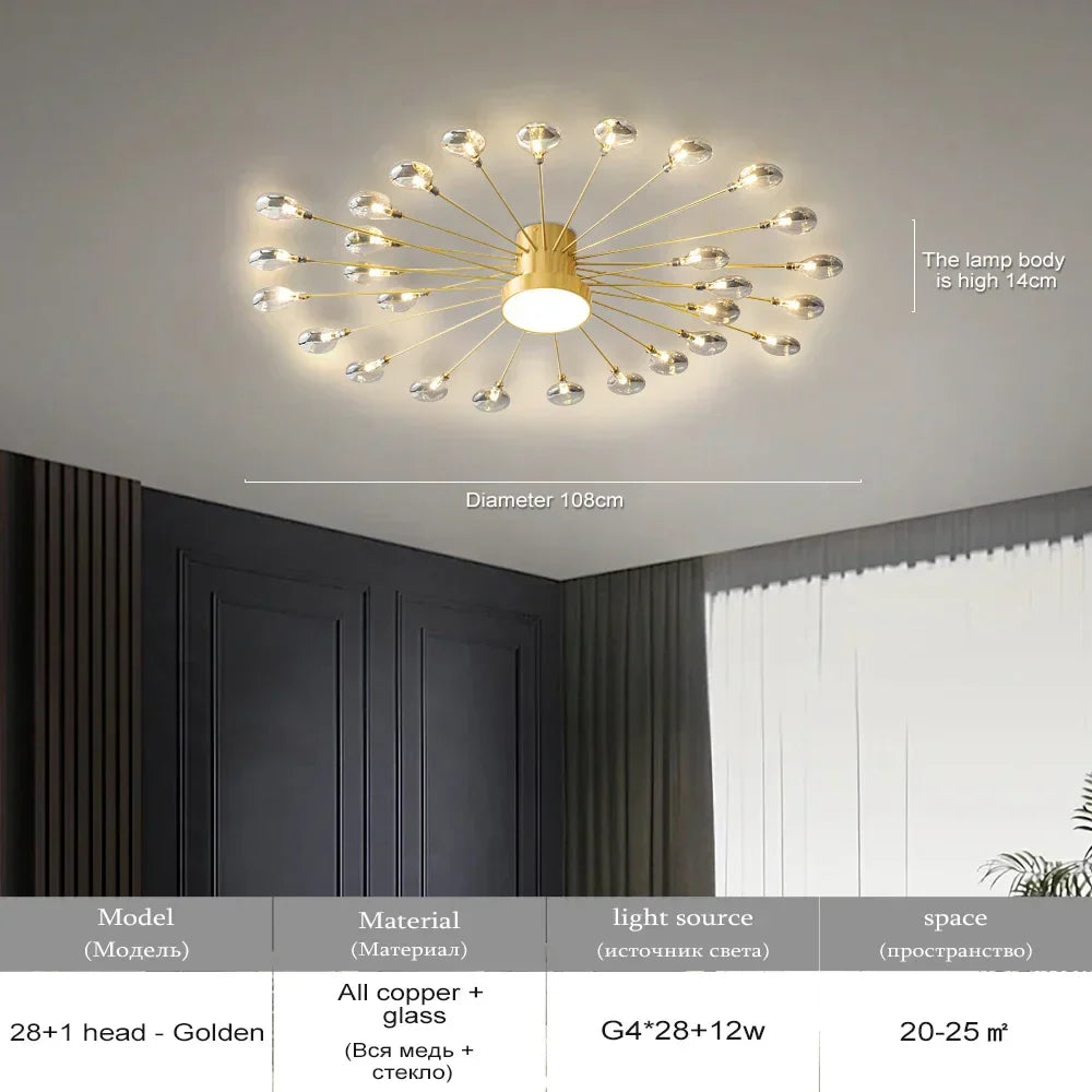 Copper Fireworks LED Ceiling Chandelier for Modern Bedroom and Living Room Decor